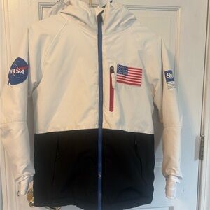686 Kids White and Black Hooded snow ski Jacket with NASA & Flag Patches thermsl